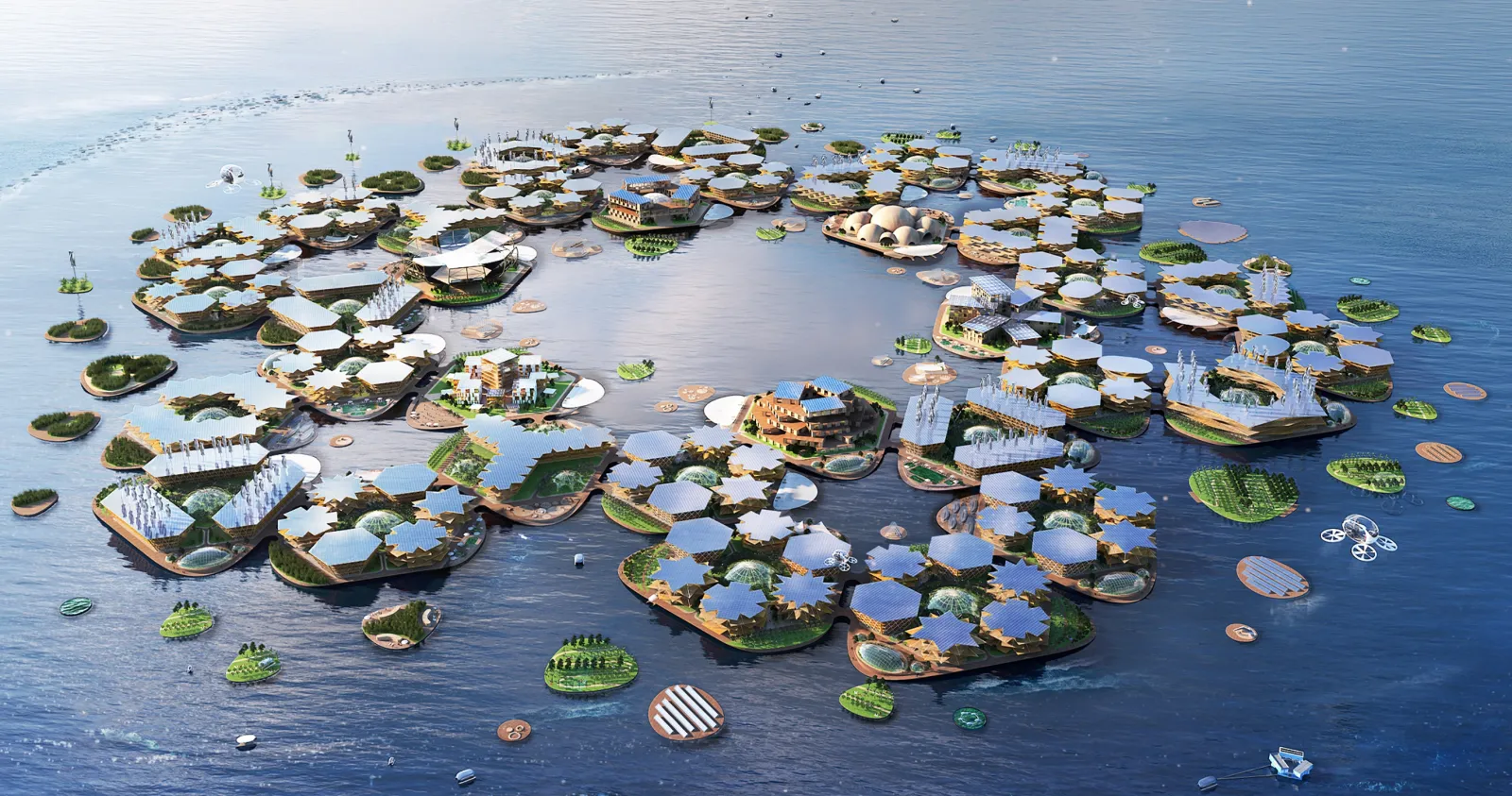 A rendering of an aerial view of Oceanix Busan.