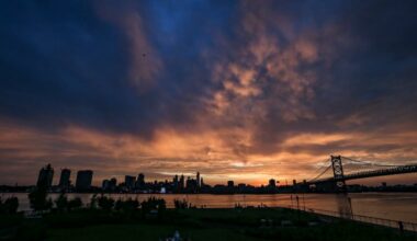 The summer solstice sun sets on Philadelphia as seen from the Camden waterfront in 2022. This year it occurs at 4:24 a.m. on Sunday.