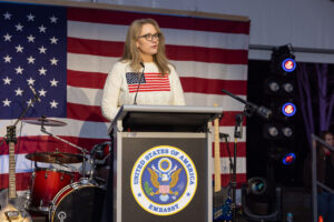 Charge D’Affaires Erika Olson gives remarks at the U.S. Embassy's Independence Day event.