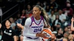 FILE - Phoenix Mercury forward DeWanna Bonner grabs a rebound against Japan during the first half of an exhibition basketball game, Wednesday, April 29, 2026, in Phoenix.