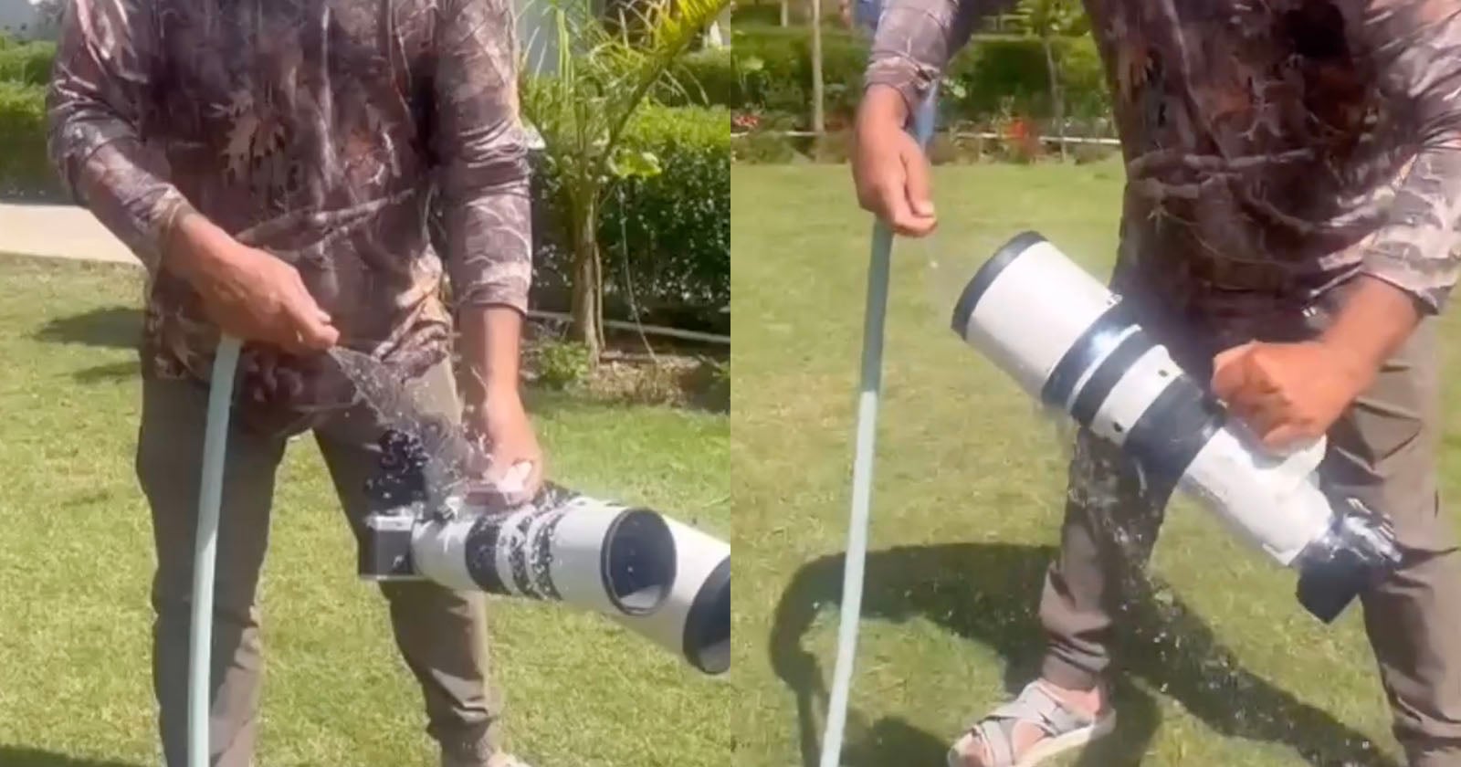 A person in outdoor clothing rinses a large camera lens with a water hose on a grassy lawn, with water splashing over the lens in both shots.
