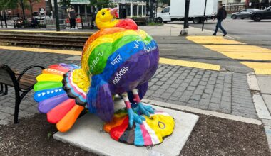 A fiberglass turkey sculpture painted with the Pride flag colors was damaged in Brookline.