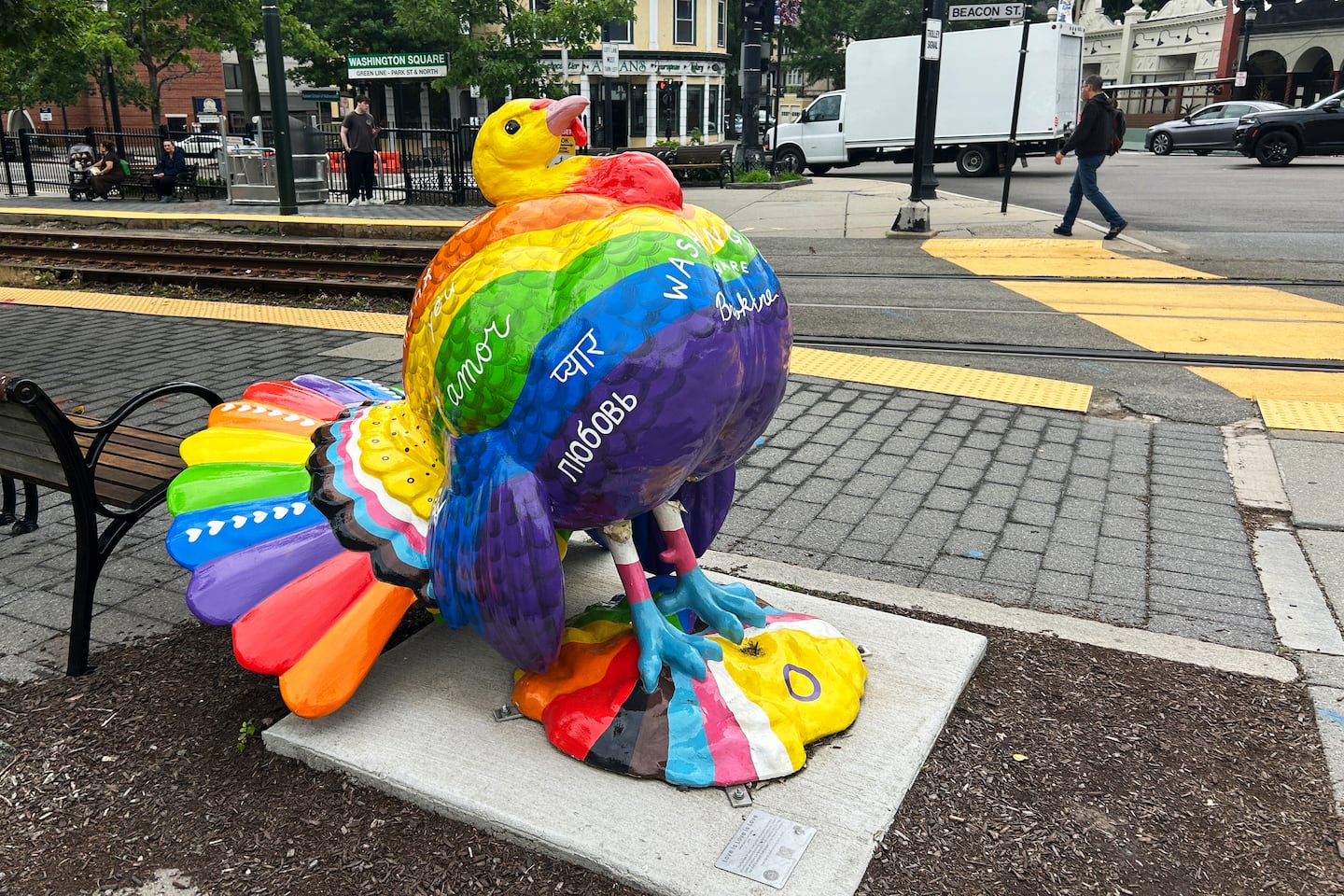 A fiberglass turkey sculpture painted with the Pride flag colors was damaged in Brookline.