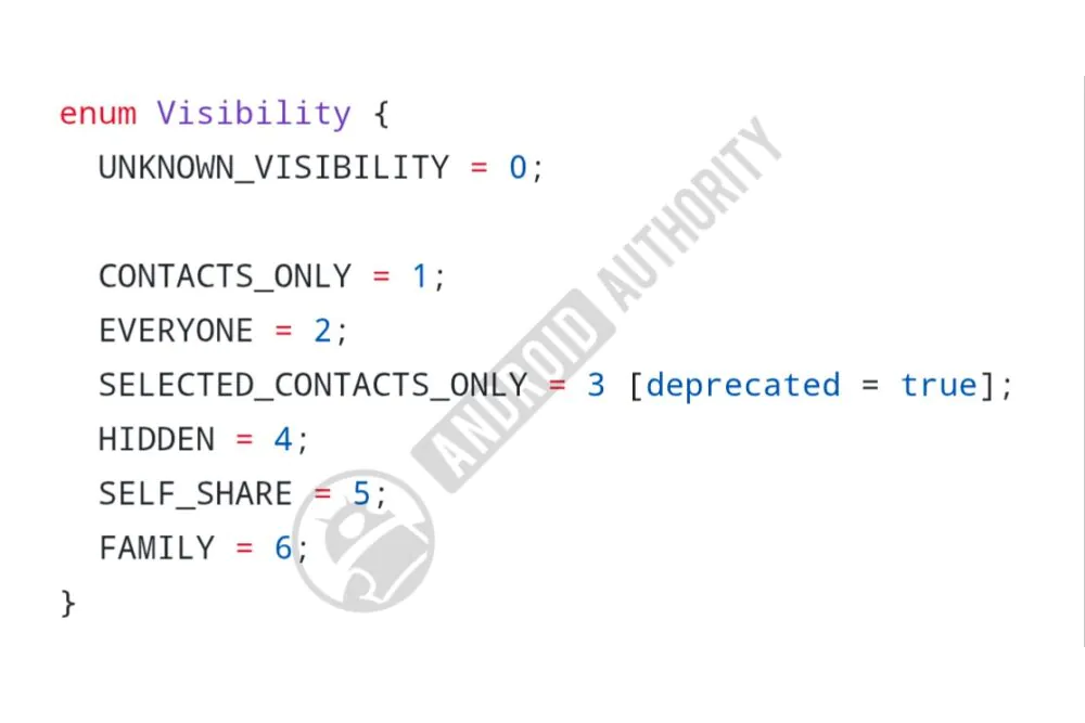 Code snippet from Google's Nearby Share repository showing a visibility list that includes a new FAMILY value and a deprecated SELECTED_CONTACTS_ONLY value.