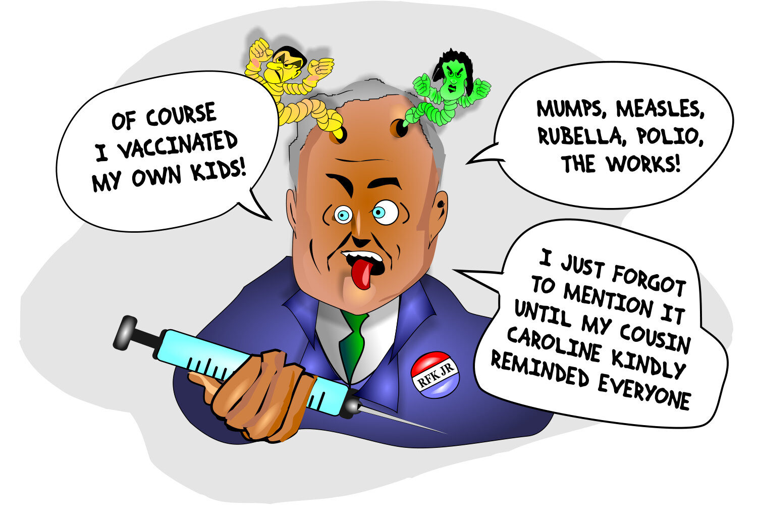 Cartoon of RFKJr with brainworm talking about vaccines