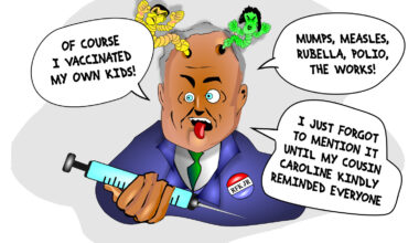 Cartoon of RFKJr with brainworm talking about vaccines