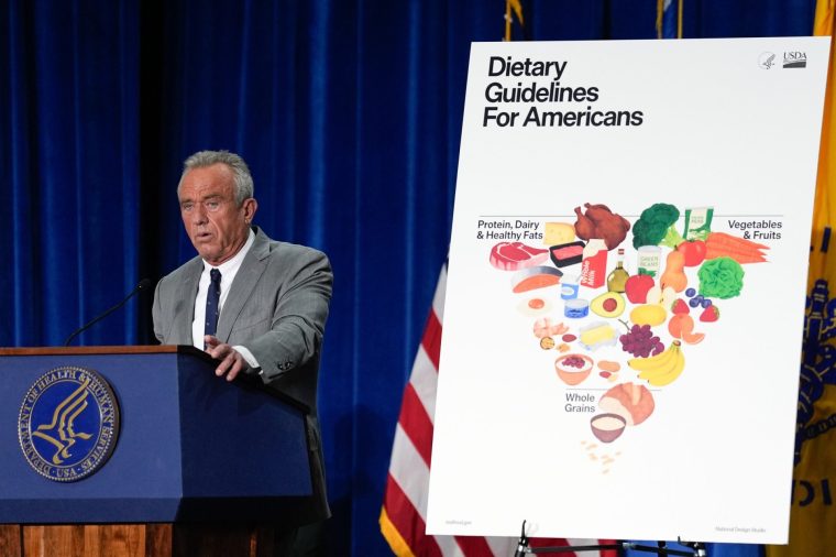 Robert F. Kennedy Jr., US secretary of Health and Human Services (HHS), during a celebration at the Health and Human Services (HHS) headquarters in Washington, DC, US, on Thursday, Jan. 8, 2026. The Trump administration released updated nutrition guidelines that bring back a revamped version of the food pyramid, while urging people to eat less sugar and more animal-based protein. Photographer: Kent Nishimura/Bloomberg via Getty Images