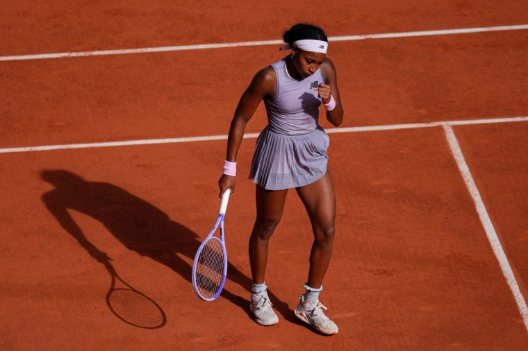 PARIS, FRANCE - MAY 30: Coco Gauff of United States celebrates a point against Anastasia Potapova of Austria in the Men's Singles Third Round match on Day Seven of the 2026 French Open at Roland Garros on May 30, 2026 in Paris, France. (Photo by Franco Arland/Getty Images)