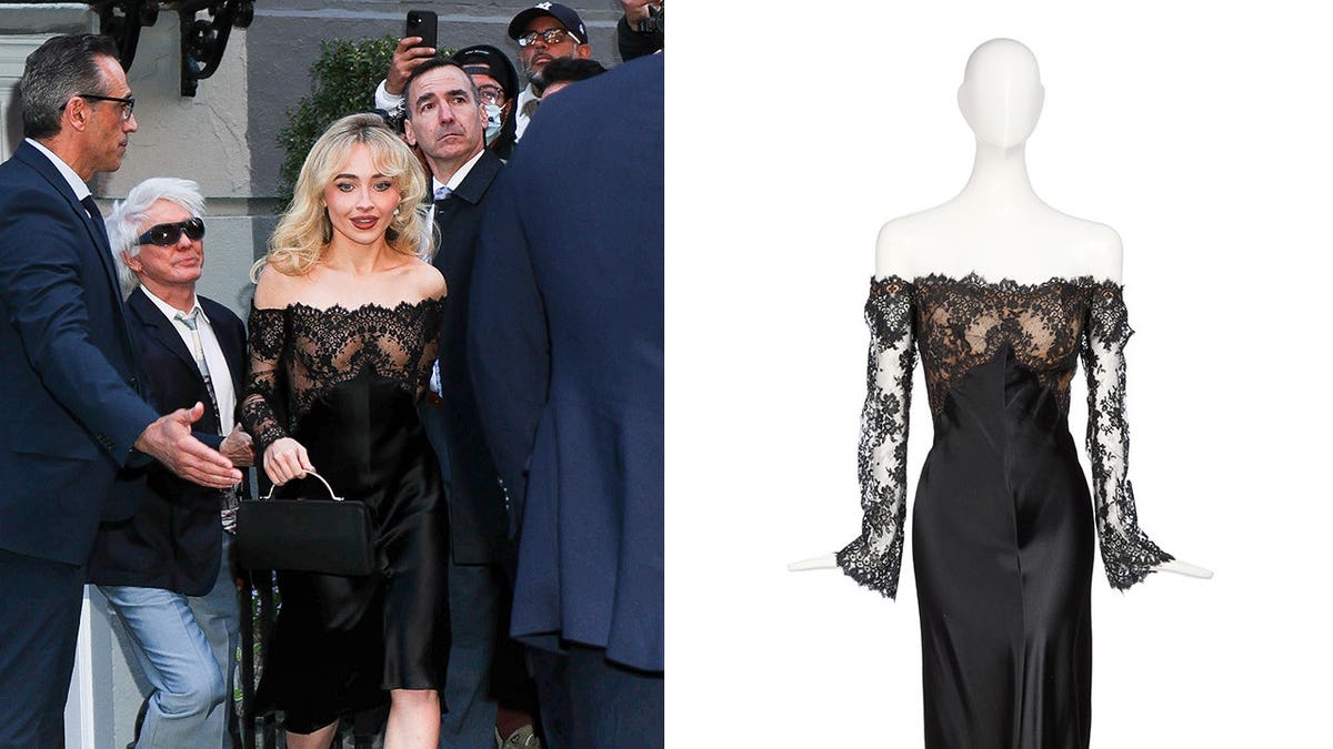 Split side-by-side image of Sabrina Carpenter wearing Ann-Margret's black lace dress.