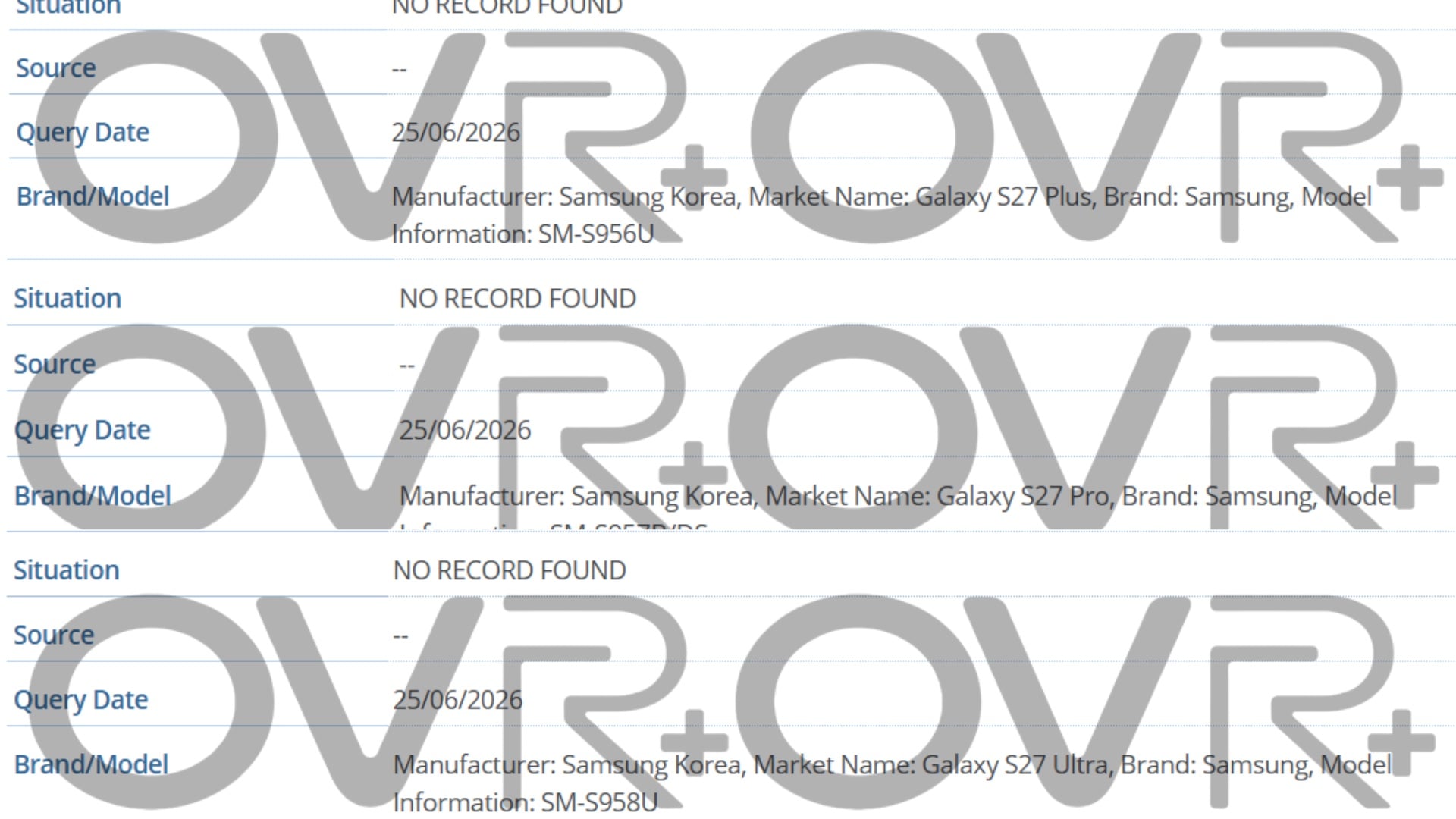 samsung galaxy s27 plus pro ultra gsma database entries