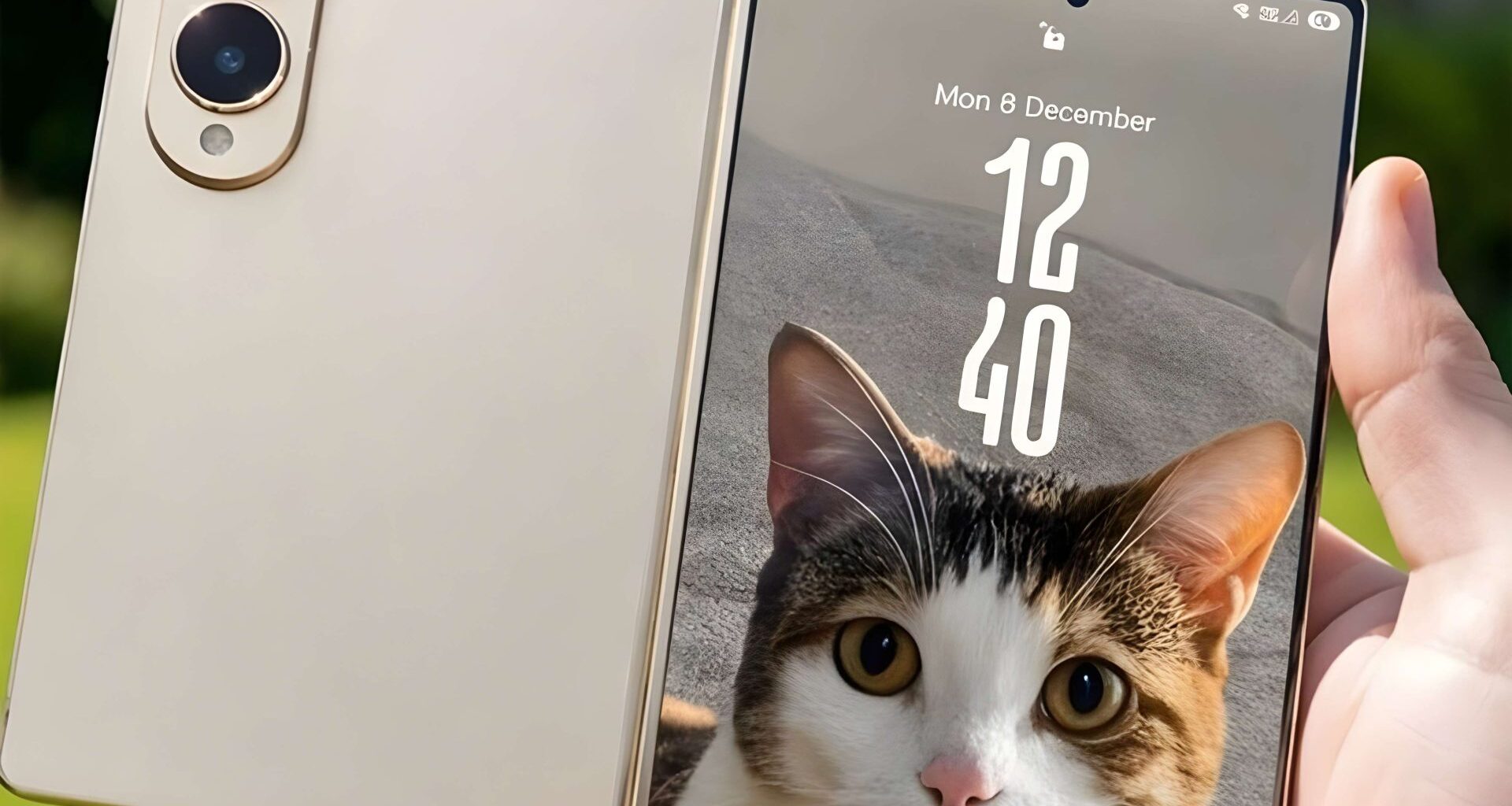A person holds an unbranded foldable smartphone displaying a cat wallpaper with the time '12:40' and date 'Mon 8 December'.