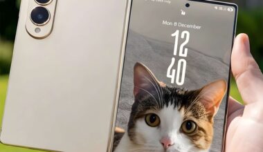 A person holds an unbranded foldable smartphone displaying a cat wallpaper with the time '12:40' and date 'Mon 8 December'.