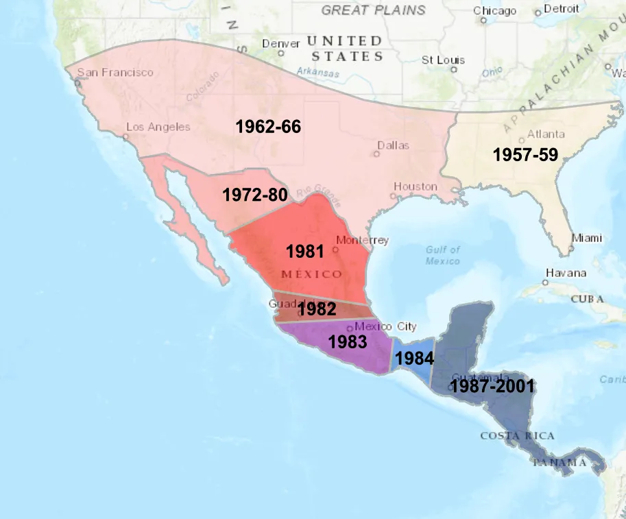 A map from USDA APHIS showing the historical spread of NWS from Central America into the U.S.