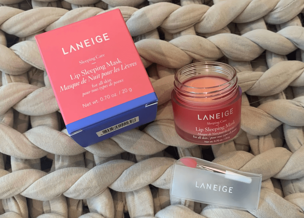 Laneige lip product on woven background
