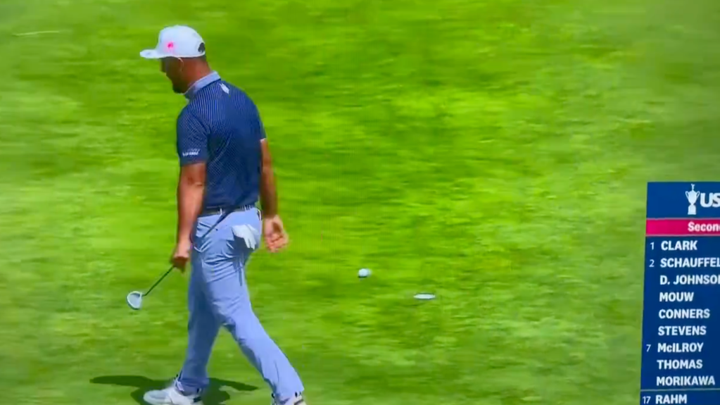 A golfer walks on a green course, with a leaderboard showing "1 Clark" and "7 McIlroy".