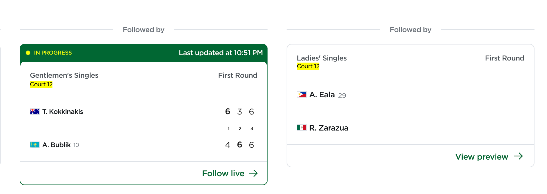 Waiting game for Alex Eala's match. Previous match on court 12 between Thanasi Kokkinakis and Alexander Bublik still on going.