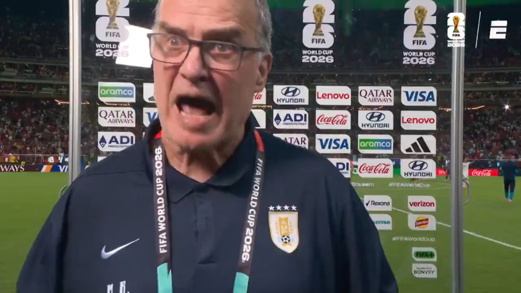 Uruguay head coach Marcelo Bielsa unleashes on reporter following World Cup elimination match. 