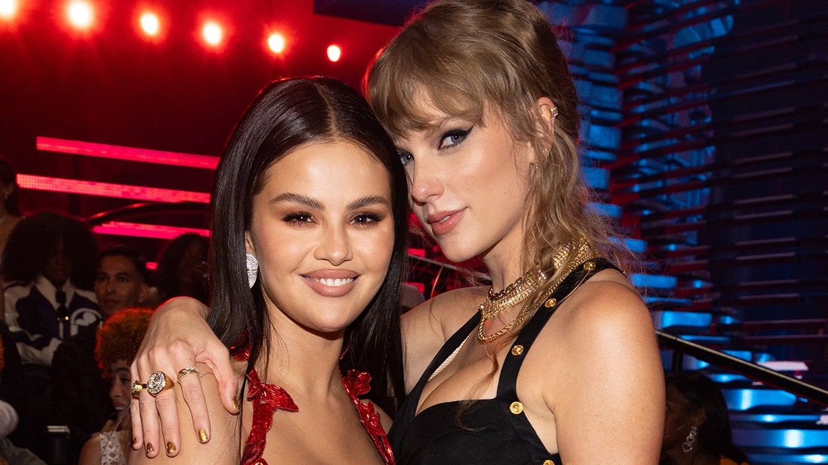 Selena Gomez and Taylor Swift standing together at the MTV Video Music Awards in Newark, New Jersey.