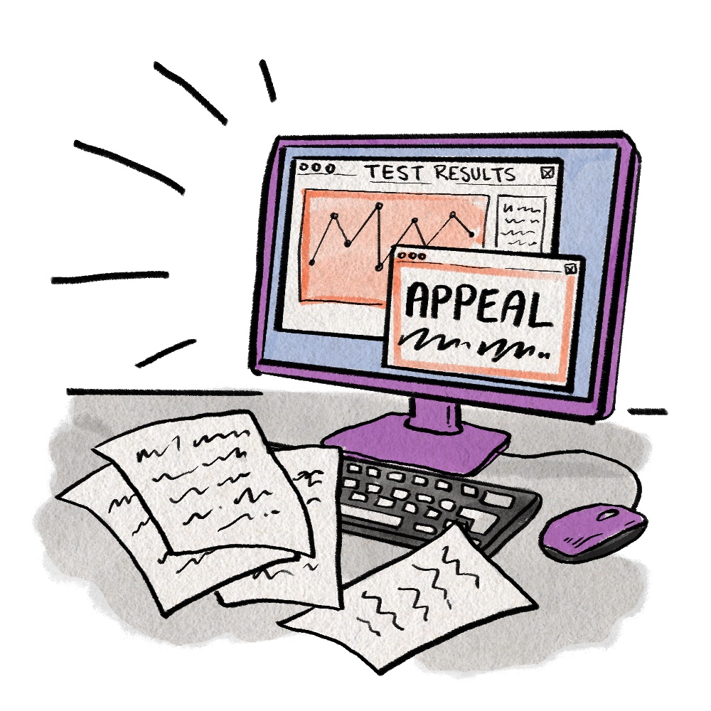 A hand-drawn cartoon of a computer screen that has an insurance appeal and medical test results on its screen.