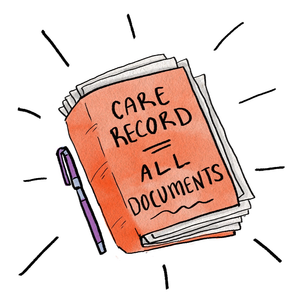 A hand-drawn cartoon of a folder stuffed with papers. On the front, it reads, "care record / all documents."