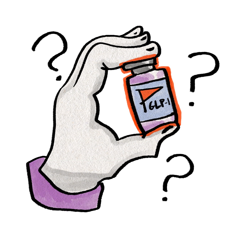 A hand-drawn cartoon of a hand holding a vial of GLP-1 liquid. The label has a red flag on it and question marks.