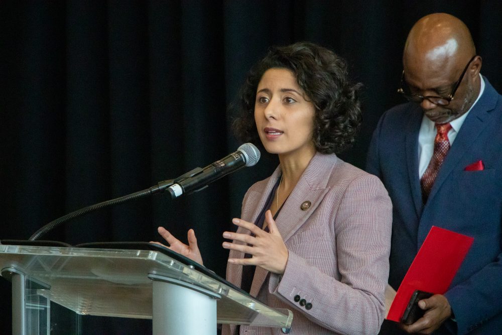 County Judge Lina Hidalgo speaks on the importance of being vigilant in the fight against human trafficking at the 'No Trafficking Zone' press conference at NRG stadium.