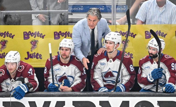 Head coach Jared Bednar of the Colorado Avalanche speaks to Parker Kelly (17), Jack Drury (18), Martin Necas (88) and Nazem Kadri (91) during the second period of Game 4 of the NHL Western Conference Final against the Vegas Golden Knights at T-Mobile Arena in Las Vegas, Nevada on Tuesday, May 26, 2026. (Photo by AAron Ontiveroz/The Denver Post)