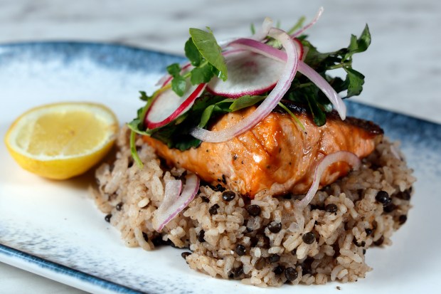 "Salmon between Japan and the Middle East" at Mamush Prime Kosher Grill in Boca Raton on Thursday, June 18, 2026. (Amy Beth Bennett / South Florida Sun Sentinel)