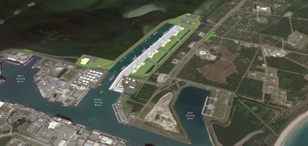 This rendering shows a potential design for a near-term wharfs to be added to the middle turn basin to support the space industry at Port Canaveral. (Courtesy/Space Florida)