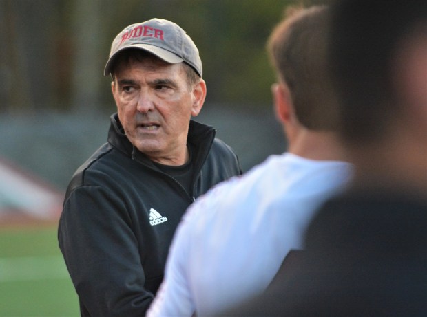 In this Nov. 2022 file photo, Rider men's soccer coach Charlie Inverso looks on fro the bench against Canisius during a MAAC game at Ben Cohen Field in Lawrenceville.