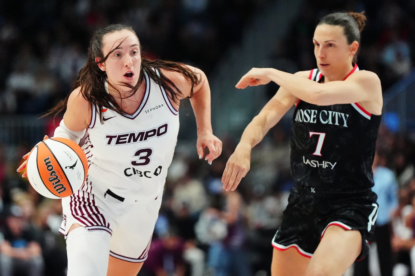 Toronto's Marina Mabrey (left), shown in a game against Portland last month, helped the Tempo overcome a 16-point deficit in the second half.