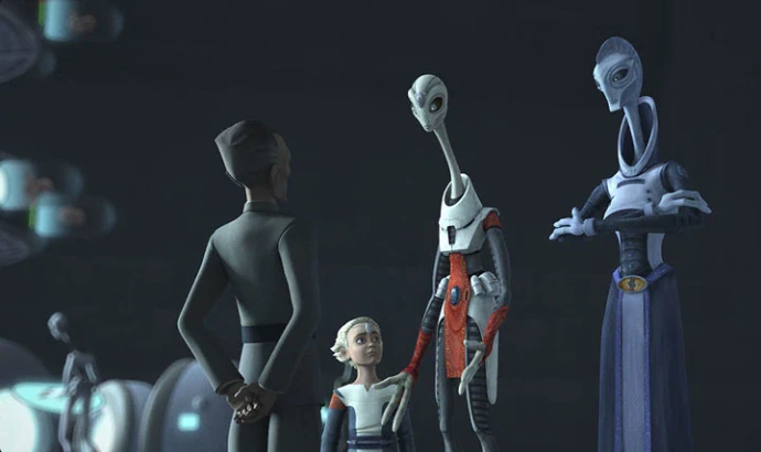 Tarkin talks to Nala Se and Lama Su in front of Omega