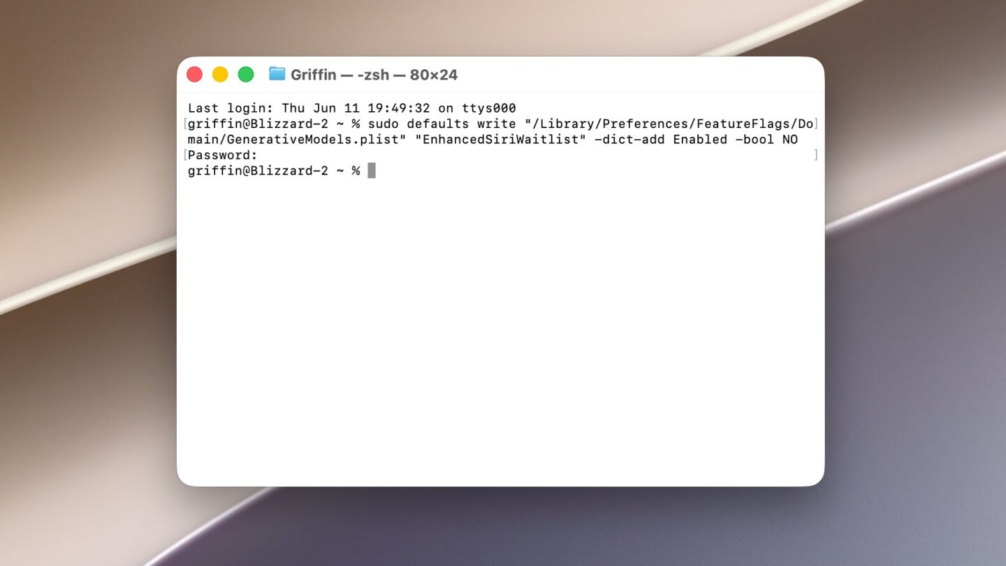 Pasting the Terminal command to enable Siri AI on macOS Golden Gate