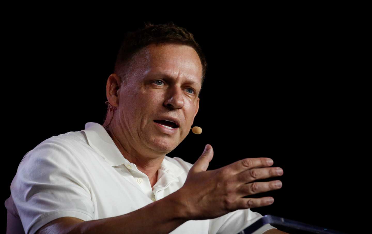 Tech overlord Peter Thiel, in a more cosmically sanguine moment, addresses a cryptocurrency conference in 2022.