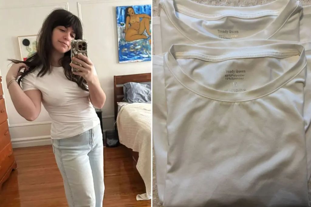 A woman wearing a Trendy Queen t-shirt and an image of the shirt by itself.
