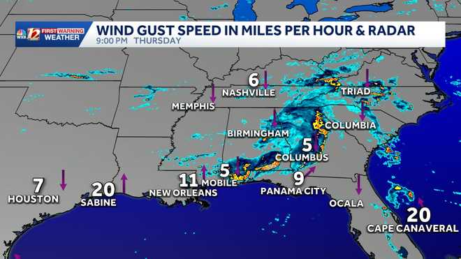 Gulf Coast and Southeast: Wind Gust in Miles Per Hour potenial tropical cyclone one may become arthur