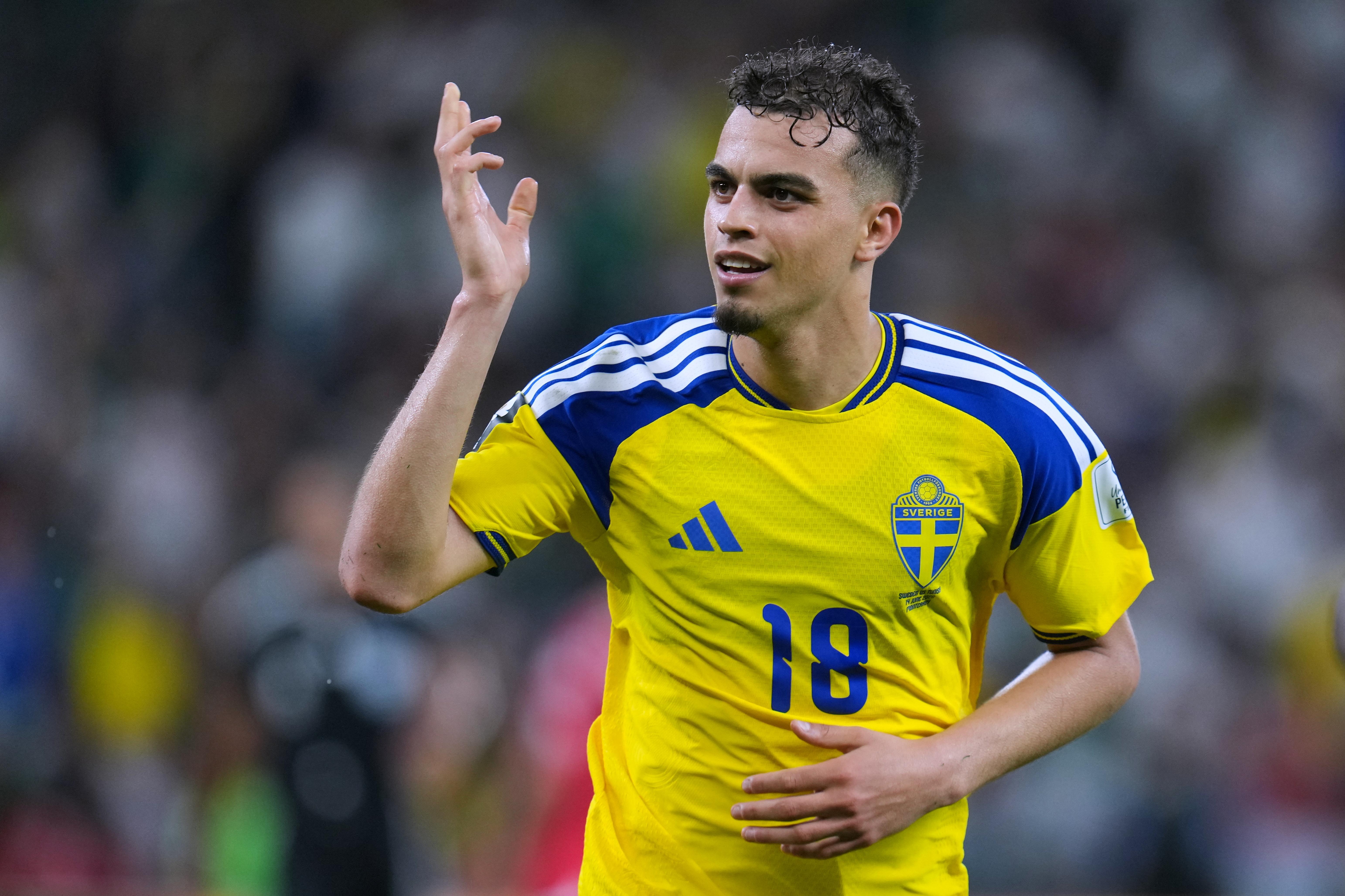 Sweden’s Yasin Ayari (18) celebrates after scoring his team’s fifth...
