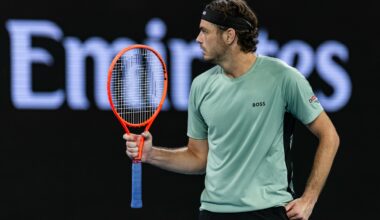 Taylor Fritz reacts to a point at the 2026 Australian Open.