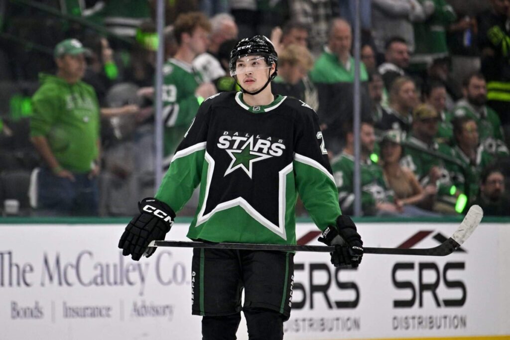Dallas Stars left wing Jason Robertson looks on during a game against the Minnesota Wild.