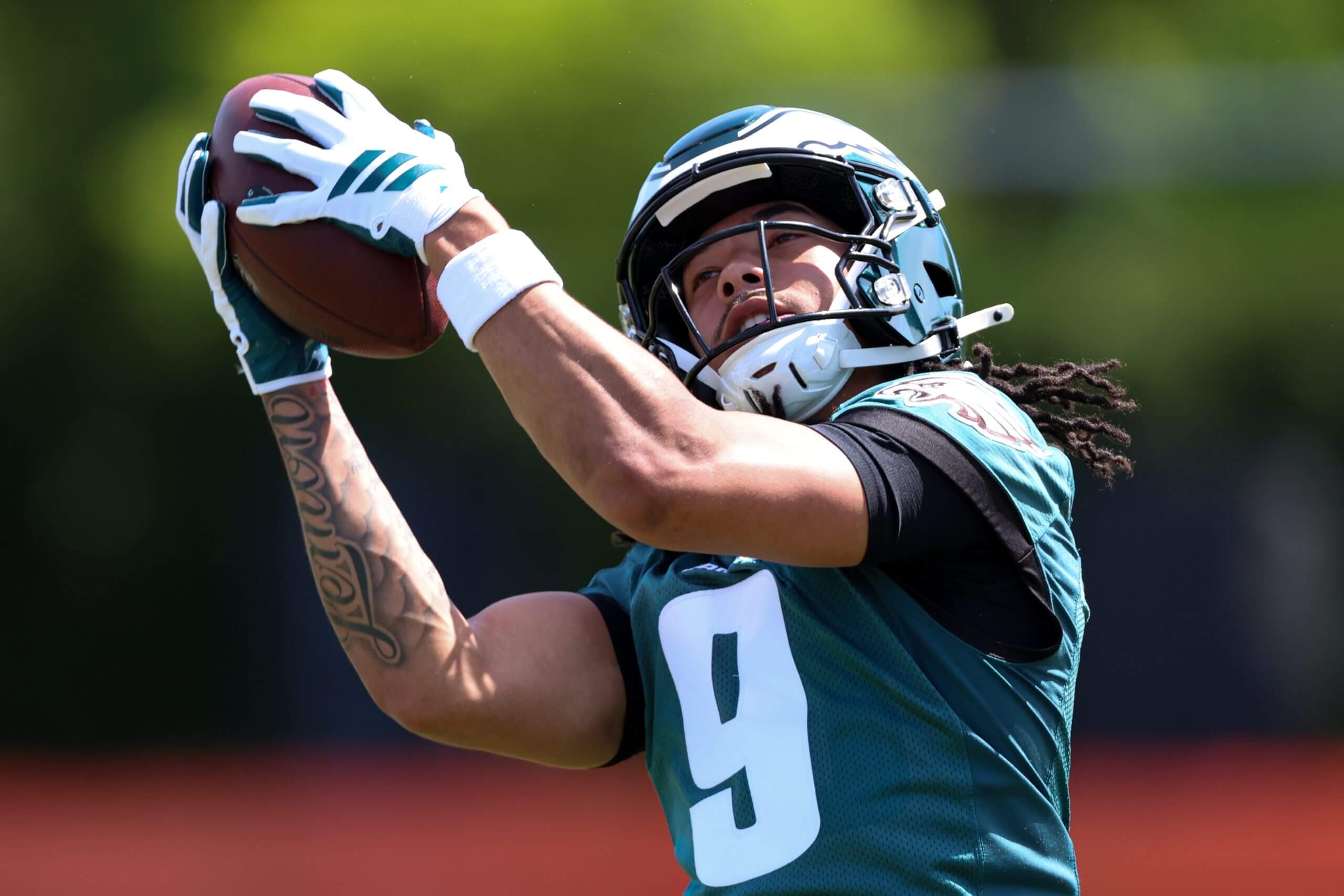 Philadelphia Eagles wide receiver Makai Lemon runs drills during rookie minicamp at NovaCare Complex.
