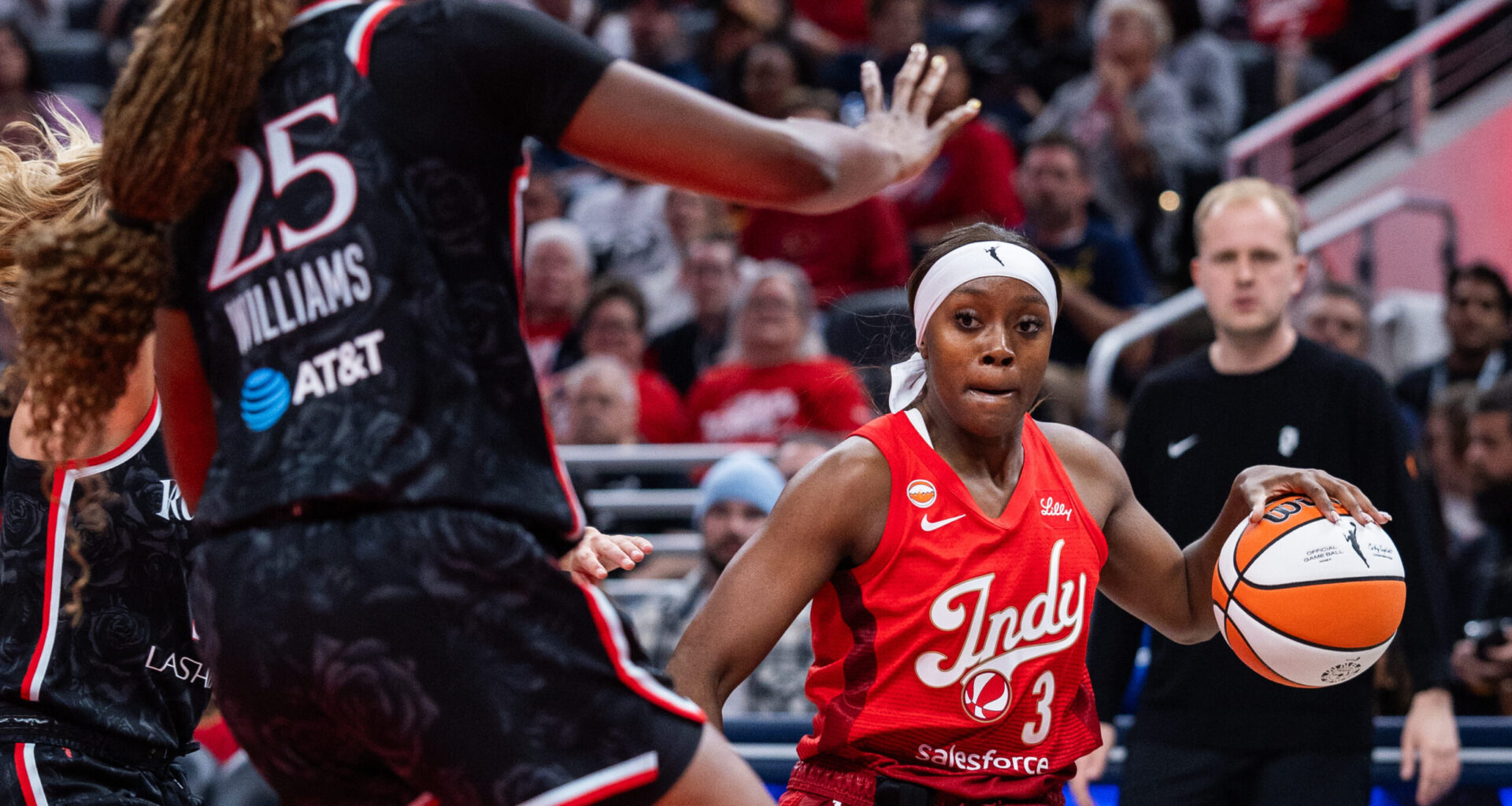 May 20, 2026; Indianapolis, Indiana, USA; Indiana Fever guard Raven Johnson (3) dribbles the ball while Portland Fire forward Serah Williams (25) defends in the second half at Gainbridge Fieldhouse. Mandatory Credit: Trevor Ruszkowski-Imagn Images