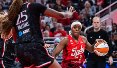 May 20, 2026; Indianapolis, Indiana, USA; Indiana Fever guard Raven Johnson (3) dribbles the ball while Portland Fire forward Serah Williams (25) defends in the second half at Gainbridge Fieldhouse. Mandatory Credit: Trevor Ruszkowski-Imagn Images