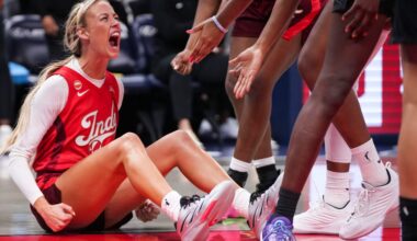 Indiana Fever guard Sophie Cunningham (8) celebrates Friday, May 22, 2026, during a game at Gainbridge Fieldhouse in Indianapolis. The Indiana Fever defeated the Golden State Valkyries, 90-82.