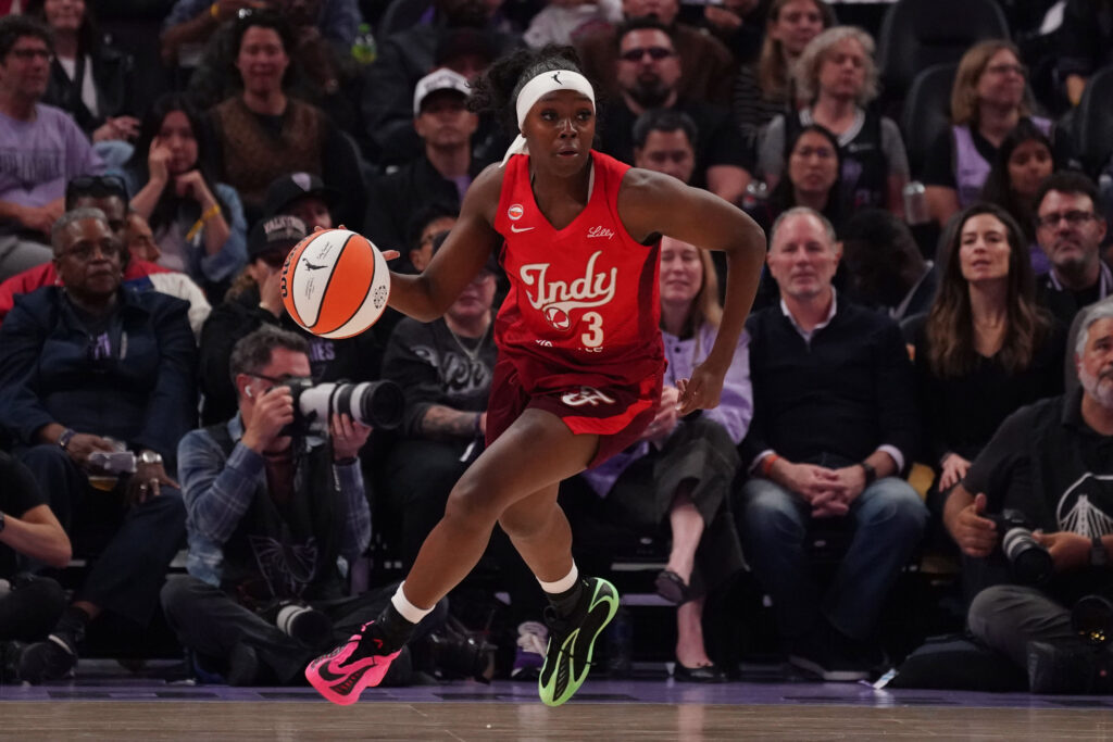 May 28, 2026; San Francisco, California, USA; Indiana Fever guard Raven Johnson (3) dribbles upcourt against the Golden State Valkyries in the second quarter at Chase Center. Mandatory Credit: David Gonzales-Imagn Images