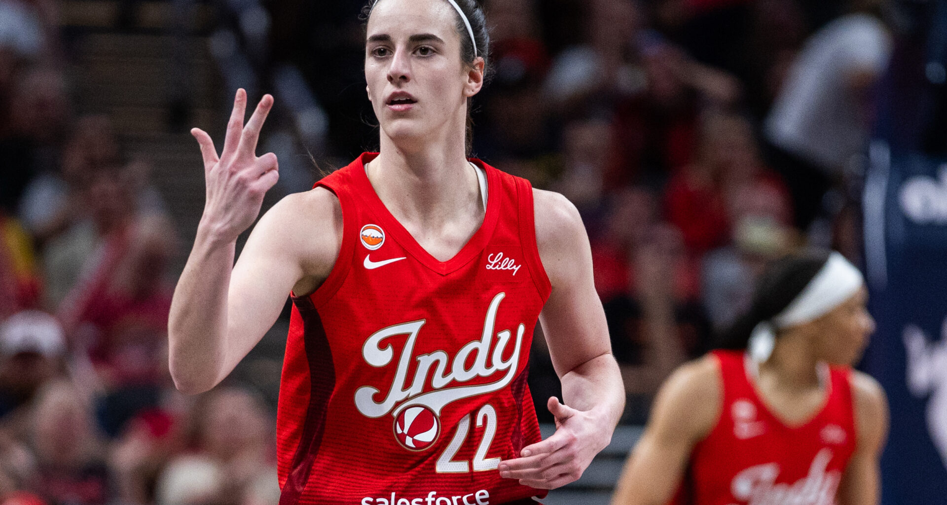 Jun 4, 2026; Indianapolis, Indiana, USA; Indiana Fever guard Caitlin Clark (22) gestures after making a three-point basket in the second half against the Atlanta Dream at Gainbridge Fieldhouse. Mandatory Credit: Trevor Ruszkowski-Imagn Images