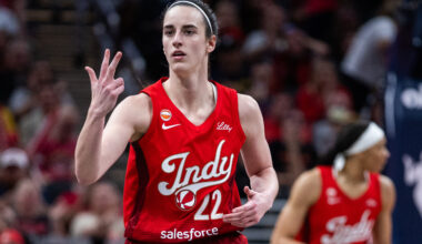 Jun 4, 2026; Indianapolis, Indiana, USA; Indiana Fever guard Caitlin Clark (22) gestures after making a three-point basket in the second half against the Atlanta Dream at Gainbridge Fieldhouse. Mandatory Credit: Trevor Ruszkowski-Imagn Images