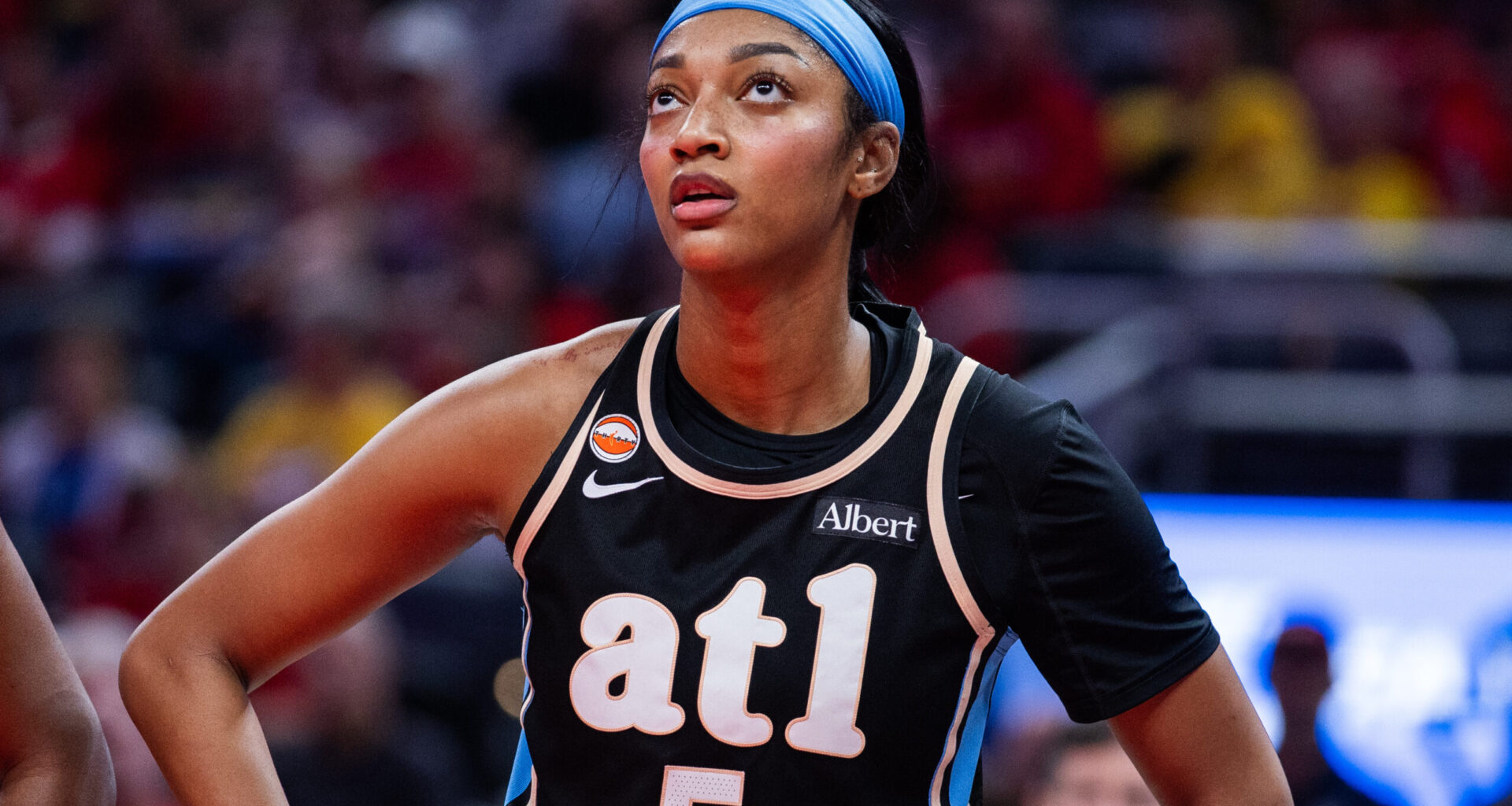 Jun 4, 2026; Indianapolis, Indiana, USA; Atlanta Dream forward Angel Reese (5) looks on against the Indiana Fever during the first half at Gainbridge Fieldhouse. Mandatory Credit: Trevor Ruszkowski-Imagn Images