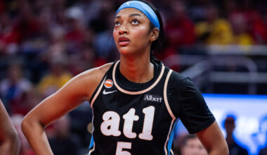 Jun 4, 2026; Indianapolis, Indiana, USA; Atlanta Dream forward Angel Reese (5) looks on against the Indiana Fever during the first half at Gainbridge Fieldhouse. Mandatory Credit: Trevor Ruszkowski-Imagn Images