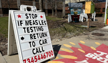 With a measles outbreak in Washtenaw County, Michigan, this spring, local health officials have worked to contain cases with ramped-up contact tracing and testing efforts — including testing people for measles outside the Washtenaw County Health Department offices in Ypsilanti. (Kate Wells/KFF Health News)