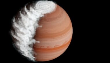 Artistic representation of WASP-94A. Clouds build as air flows over the dark side of the planet, reaching a large swell by daybreak. The clouds dissipate on the dayside, leaving clear skies in the early evening. Credit: Hannah Robbins/Johns Hopkins University
